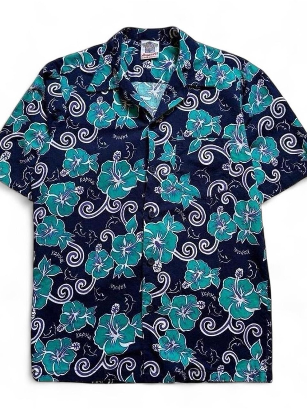 Vintage 1990s Men's Navy Blue Hawaiian Tropical Floral Camp Shirt L
